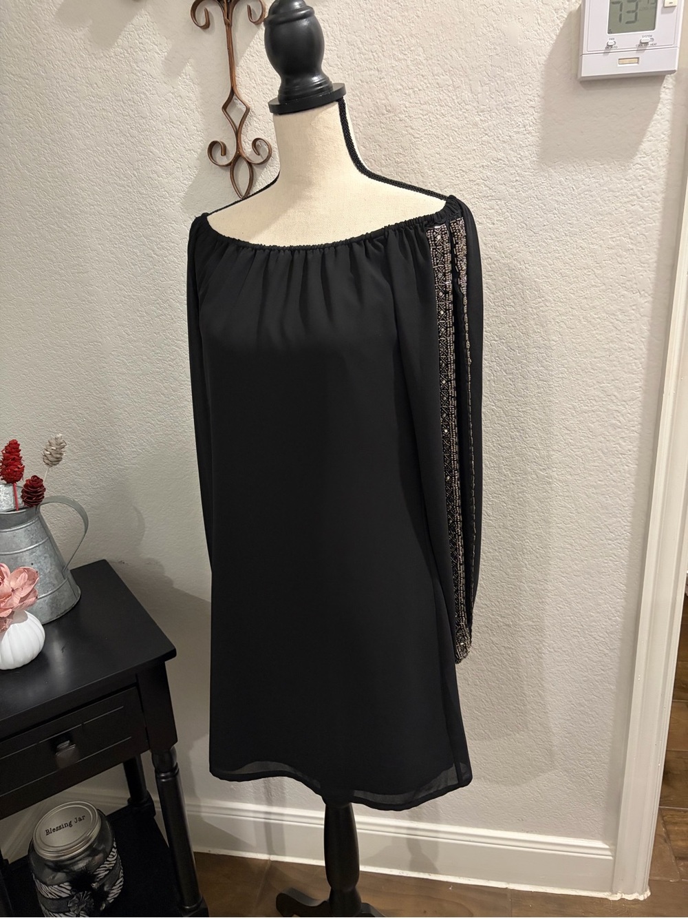 Black Off-Shoulder Beaded Sleeve Dress
